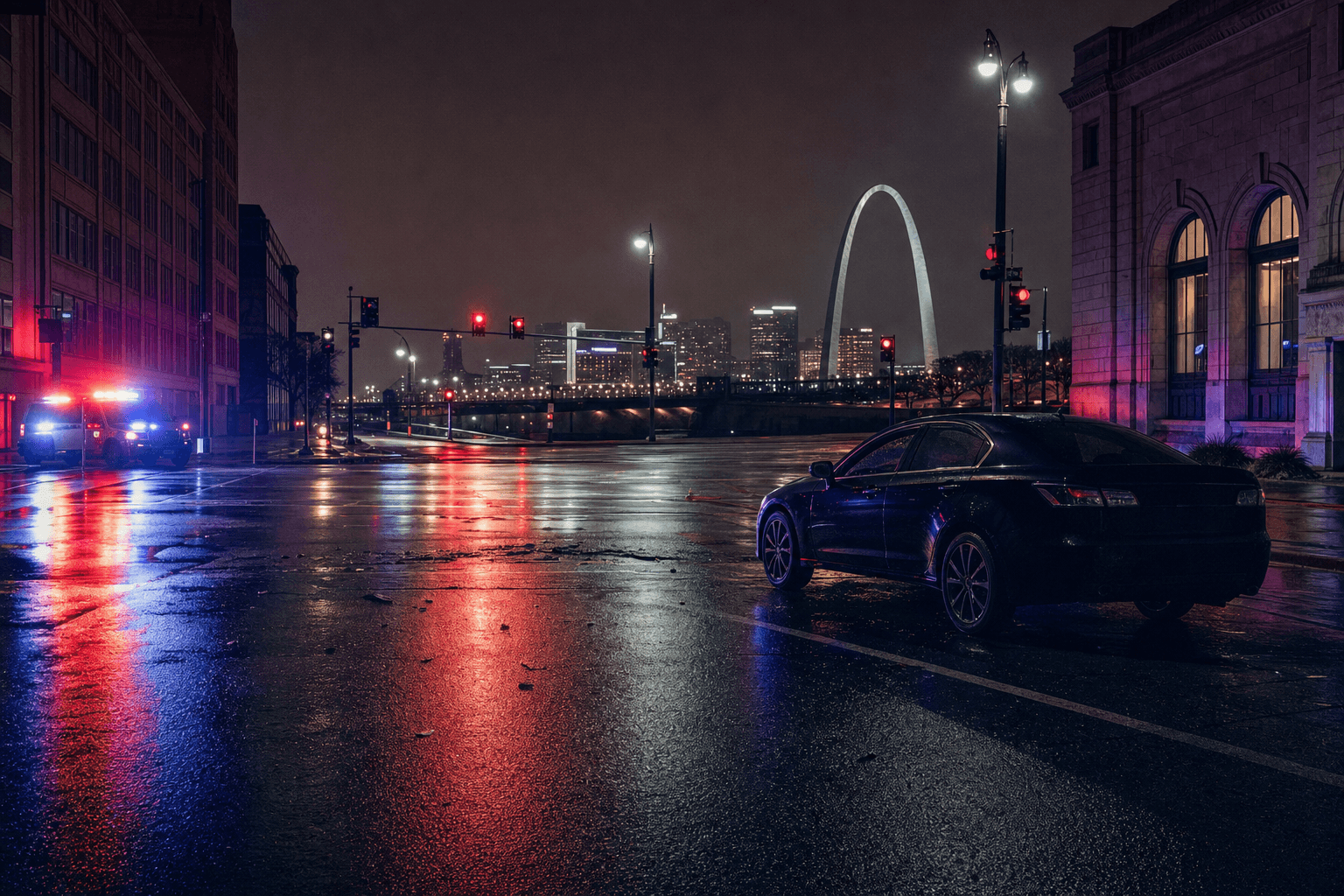 Emergency lights reflecting off wet pavement at night near a St. Louis intersection