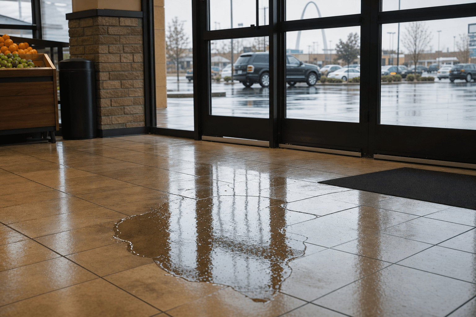 Wet floor with overhead fluorescent lighting in a store aisle showing a spill near shelving